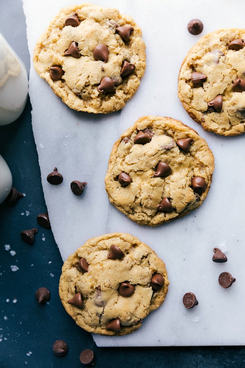 Freshly baked small batch oatmeal cookies with chocolate chips scattered throughout, just out of the oven.