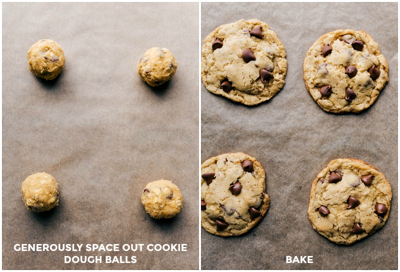 Dough balls for small batch oatmeal chocolate chip cookies on a baking sheet, followed by the cookies freshly baked and out of the oven.