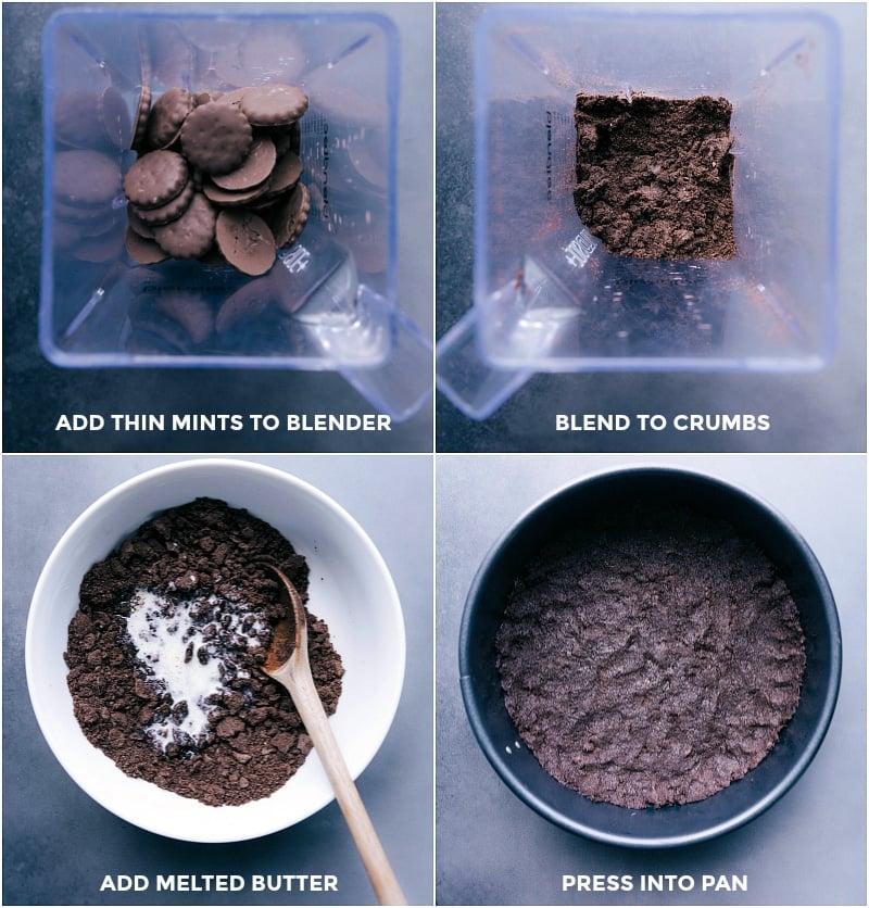 Process shots: Thin Mint cookies in the blender; the crushed cookies; adding melted butter to the cookie crumbs; pressing the crumbs into a spring form pan to form the crust.