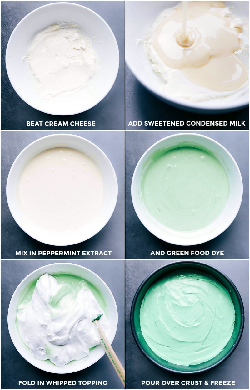 Process shots: Cream cheese that has been beaten; adding sweetened condensed milk; mixing in peppermint extract; adding green food coloring; folding in whipped topping; pouring filling over the crust and freezing until firm.