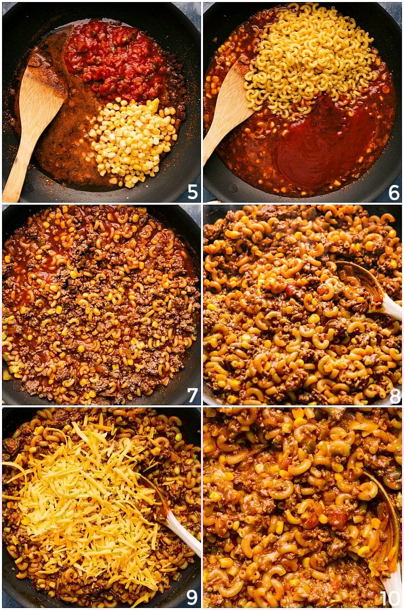 Ingredients for taco pasta recipe being combined: tomatoes, corn, pasta, and cheese.
