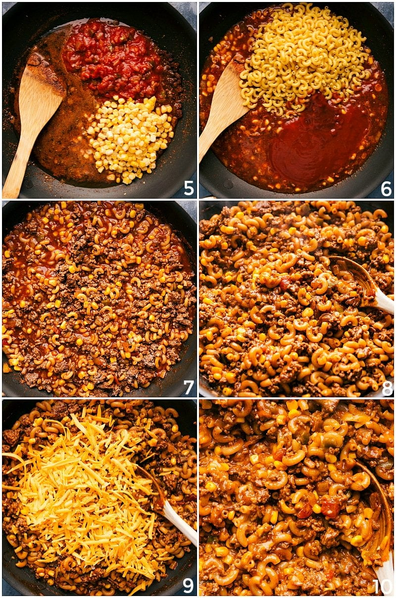 Process shots--images of the taco pasta recipe being made. Tomatos, corn, pasta, and cheese being added