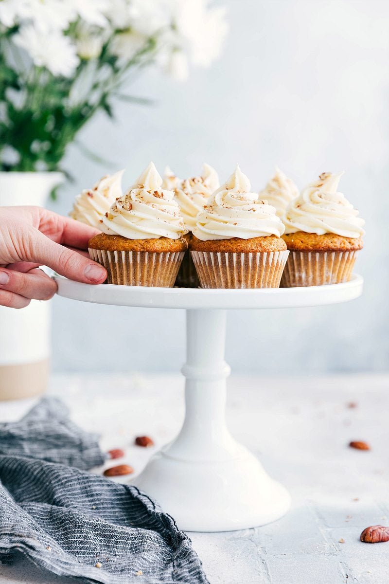 Carrot Cake Cupcakes on a cake stand