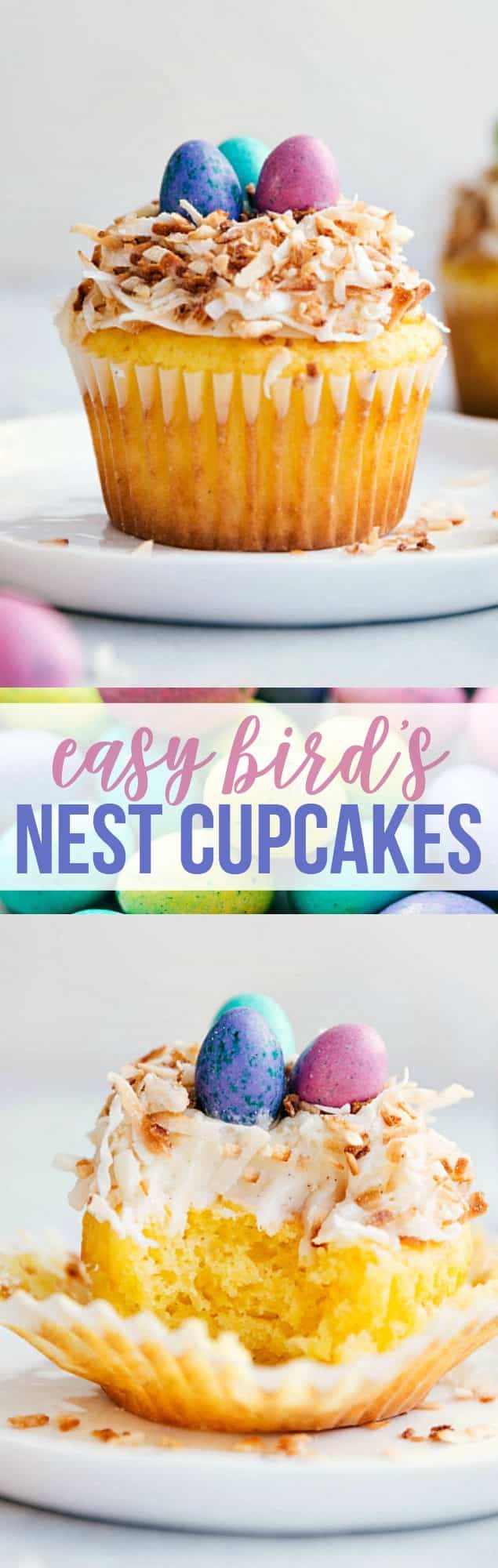 BIRDS NEST CUPCAKES! Yellow cupcakes topped with the best cream cheese frosting, toasted coconut, and M&Ms to create the cutest (and easiest) Easter treat! These bird's nest cupcakes are so simple to make. chelseasmessyapron.com #easter #cupcake #cream #cheese #frosting #bird #nest