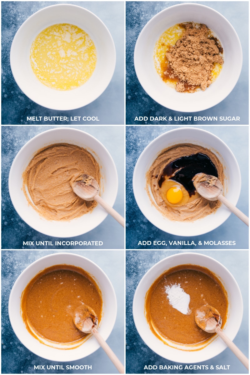 Process shots: mixing together butter and sugars then adding egg, vanilla, molasses, and baking agents and mixing it all together