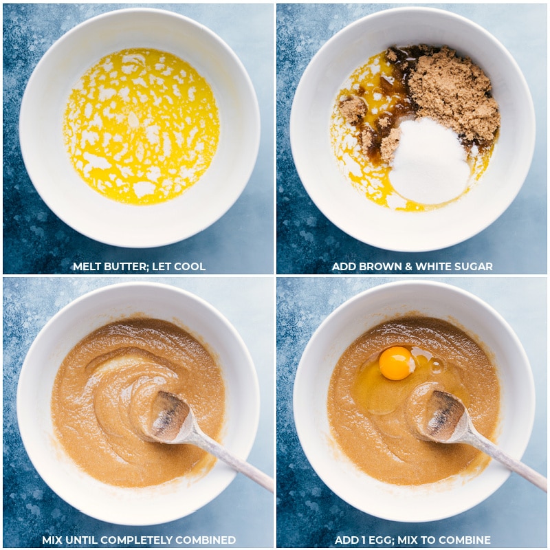 Process shots--the melted butter and sugars being added and mixed together; an egg being added and mixed together.