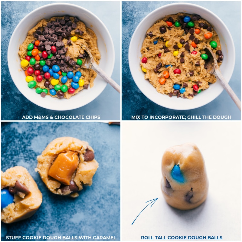 Process shots-- Images of the M&M's and chocolate chips being added into a bowl and mixed together; caramel being added into the center.