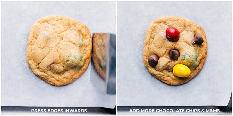 Caramel stuffed cookies being pushed in; chocolate chips and M&M's being added