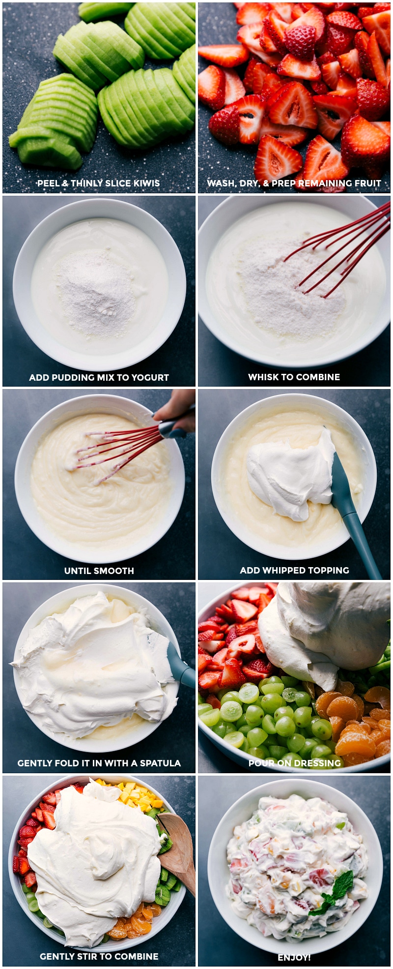 Process shots-- images of the fruit being sliced; the creamy mixture being made; and it all being mixed together.