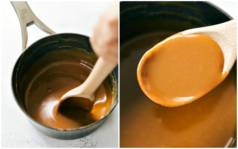 Step by step process of making easy carmelitas -- showing the caramel being made and caramel consistency