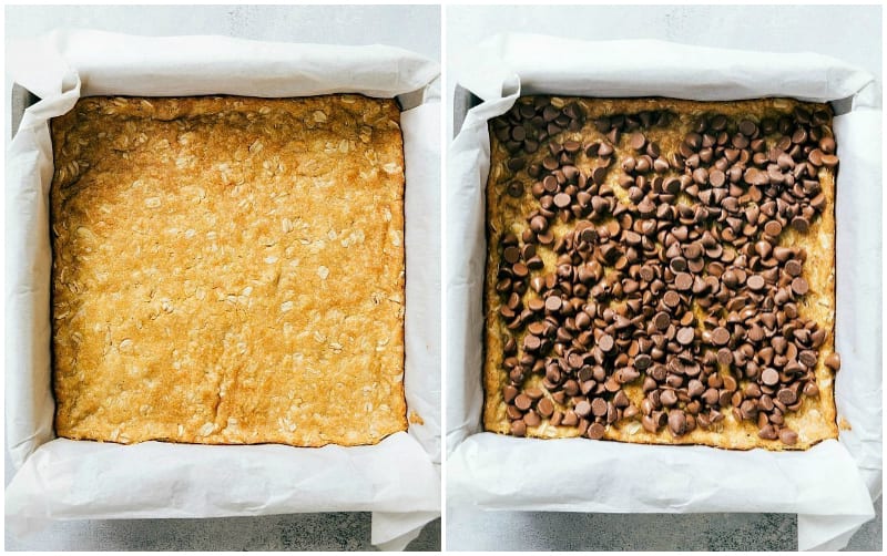 Step by step process of making carmelitas -- showing the based cookie baked and chocolate chips being added on top