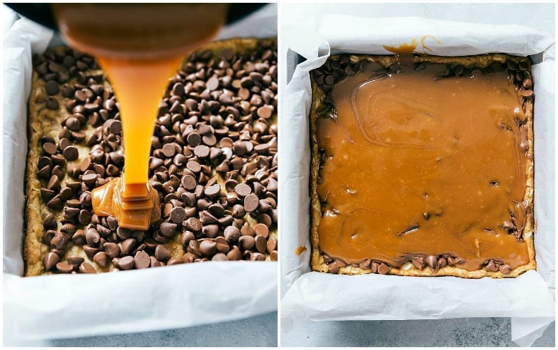 Step by step process of making carmelitas -- showing the caramel being poured on top and then smoothed over