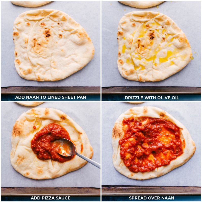 Process shots-- images of the olive oil and pizza sauce being drizzled on the naan bread.