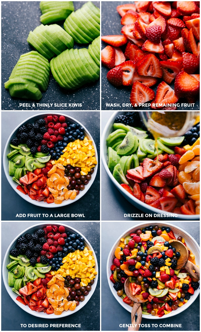 Series of six photos showing the steps required to make Fresh Fruit Salad