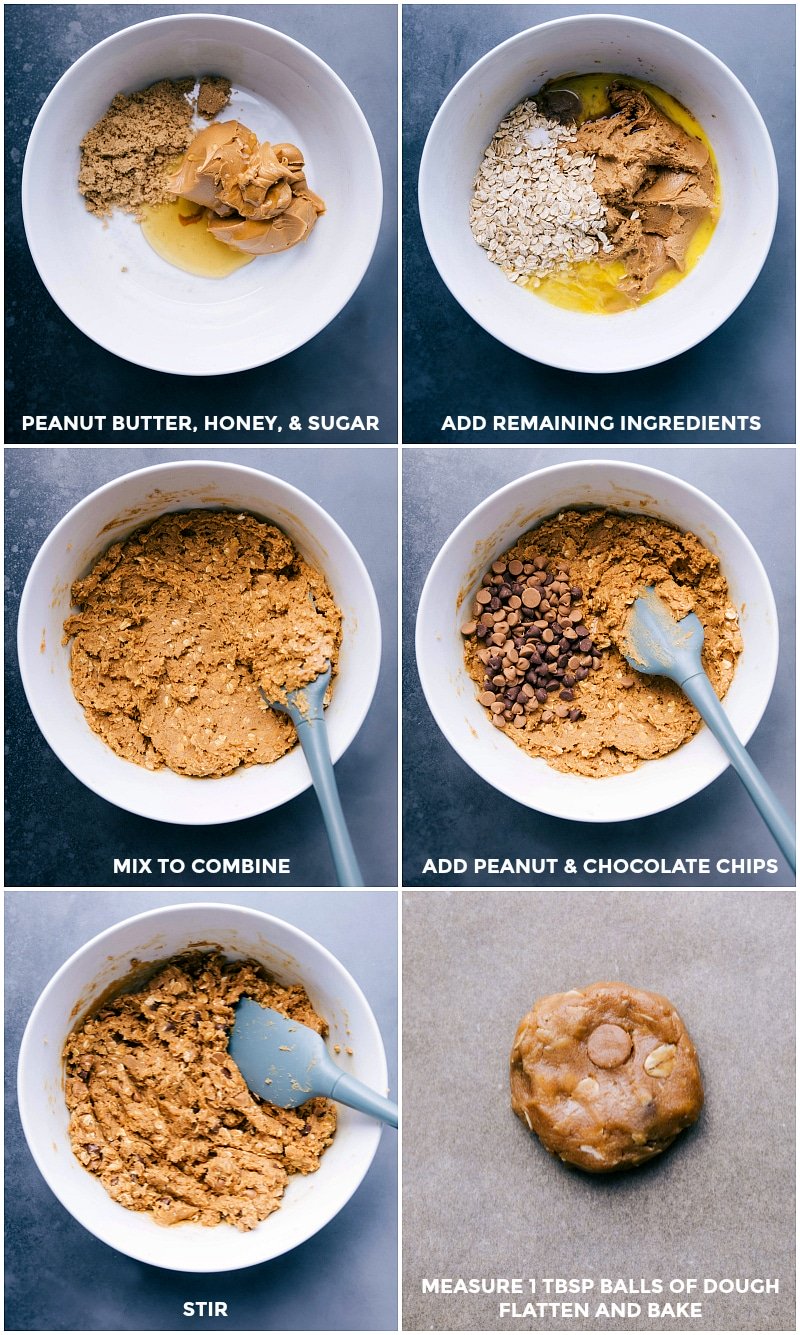 Process shots: Add ingredients to a bowl and mix to combine; add peanut and chocolate chips; stir; measure dough balls, flatten and bake.