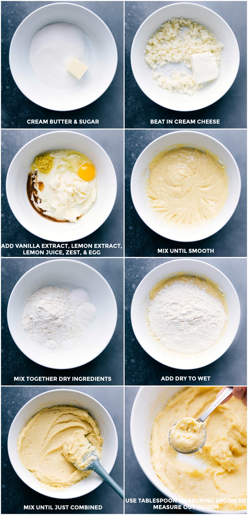 Creaming butter and sugar, beating in cream cheese, adding vanilla, zest, and egg, mixing until smooth, combining dry ingredients, adding to wet ingredients, and measuring out the dough with a tablespoon.