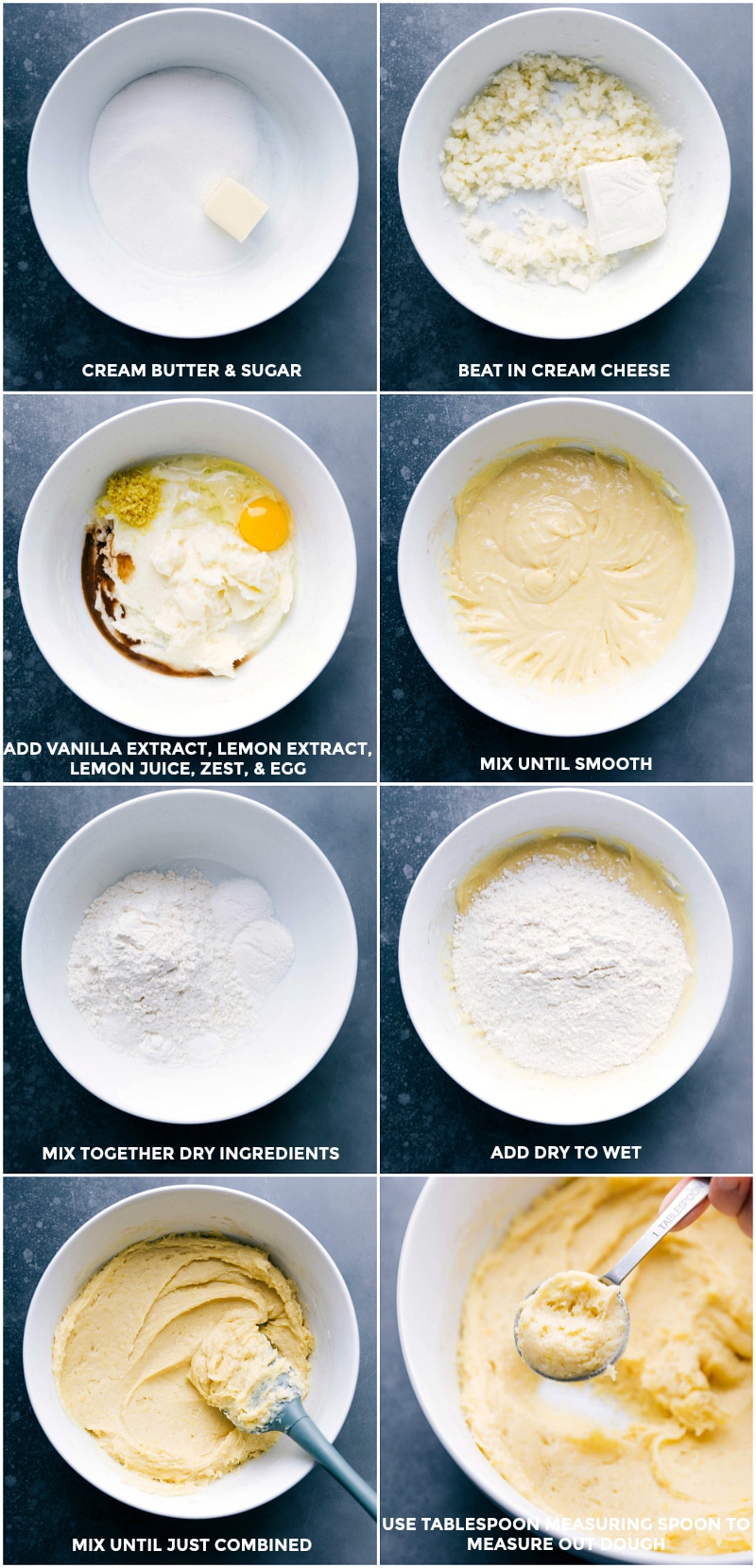 Creaming butter and sugar, beating in cream cheese, adding vanilla, zest, and egg, mixing until smooth, combining dry ingredients, adding to wet ingredients, and measuring out the dough with a tablespoon.