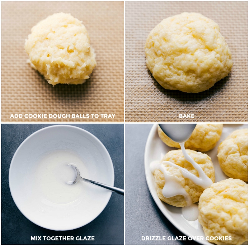 Adding cookie dough balls to a baking tray, baking them, mixing glaze, and drizzling it over cooled lemon cheesecake cookies.