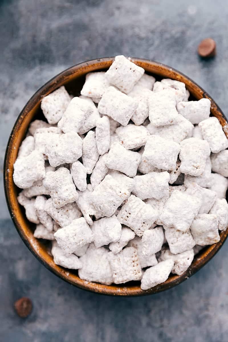 Up-close overhead photo of a bowl of Muddy Buddies.