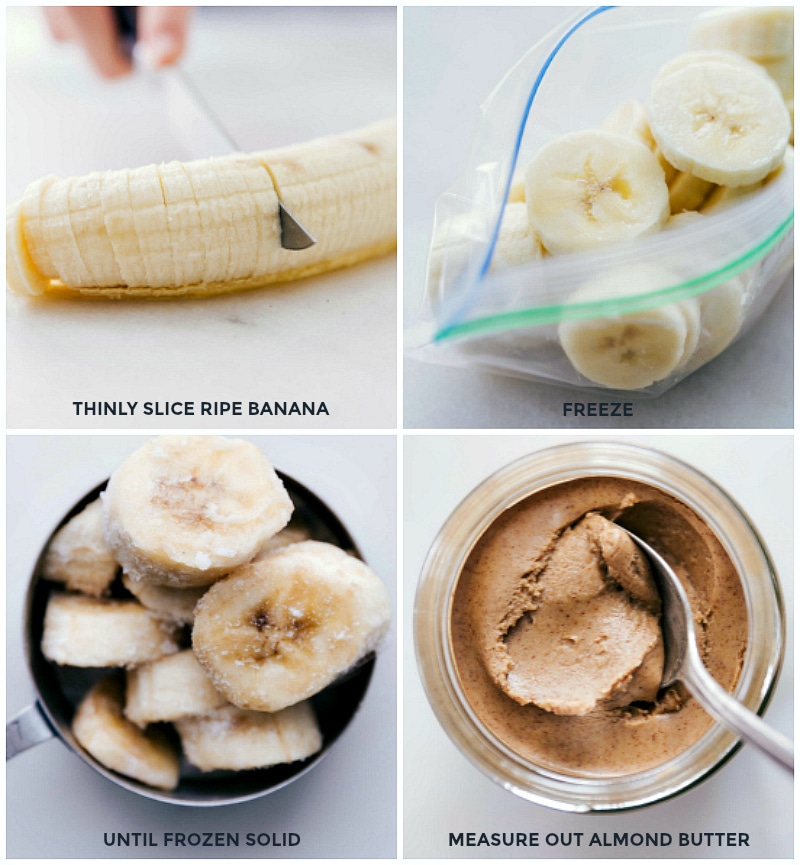 Process shots-- slicing and freezing bananas; measuring out almond butter.
