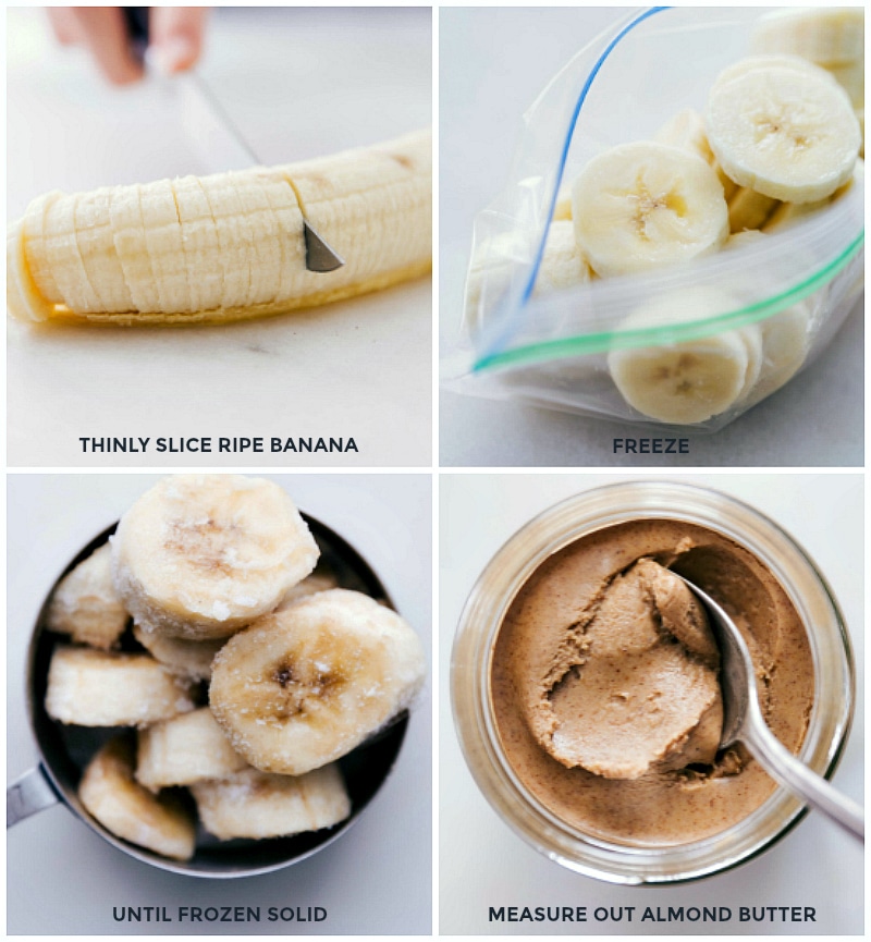 Slicing and freezing bananas; measuring out almond butter.