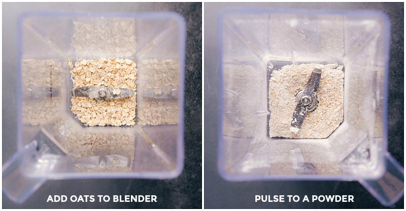 Process shots: adding oats to a blender; pulsing to a powder.