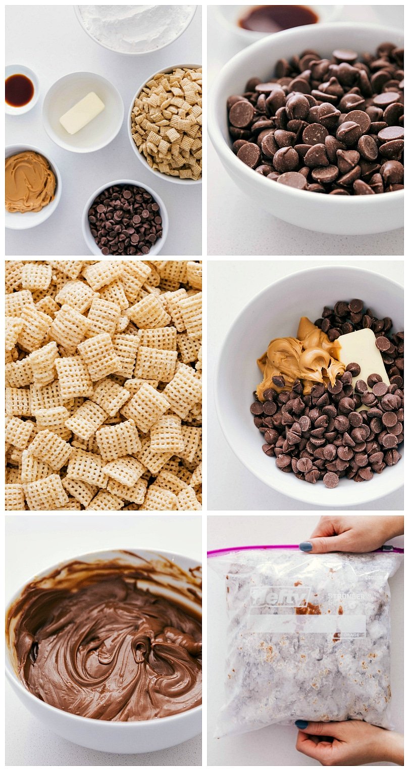 Ingredients being melted and added to the Chex cereal.