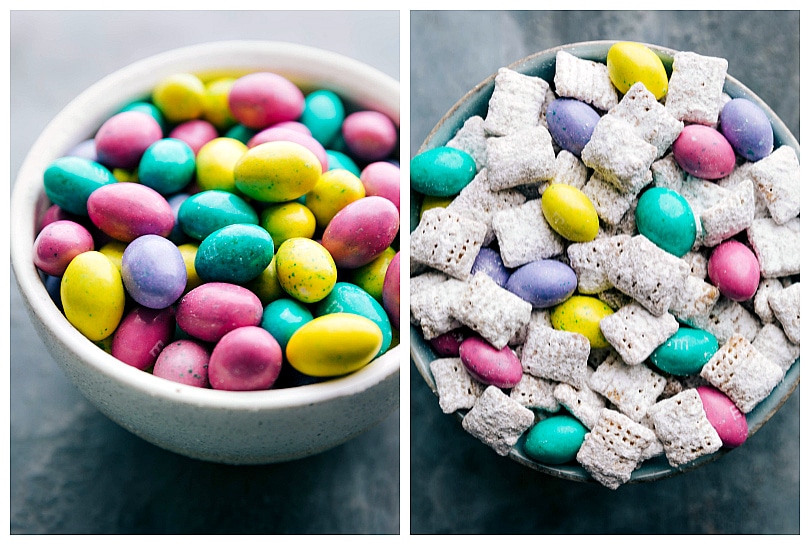 Overhead photo of M&M's and the Puppy Chow recipe.