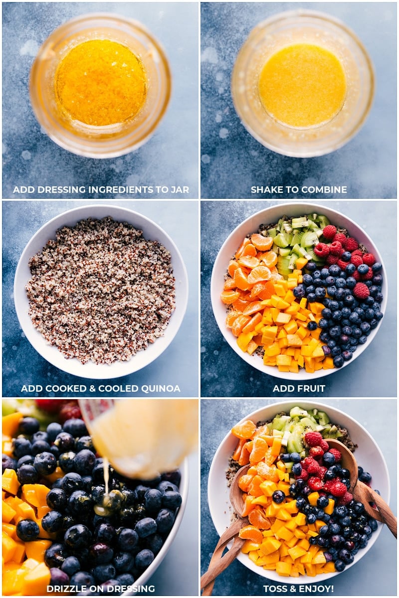 Dressing being made; the quinoa being added to a bowl; and all the fruit being added on top.