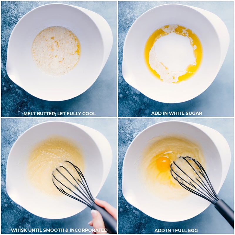 Process shots-- images of the melted butter, sugar, and eggs being added to a bowl and mixed together