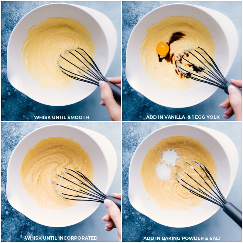 Process shots-- images of the vanilla, egg yolk, baking soda, and salt being added and mixed together