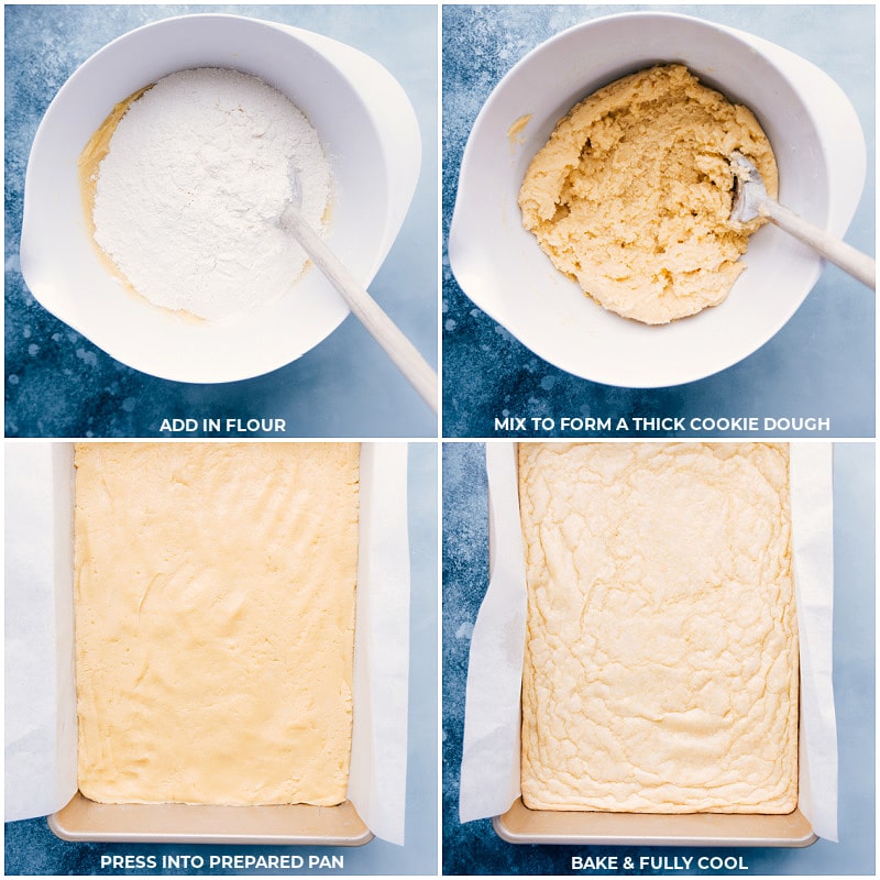 Process shots-- images of the flour being added and the dough being added to prepared pan and the sugar cookie bars being baked