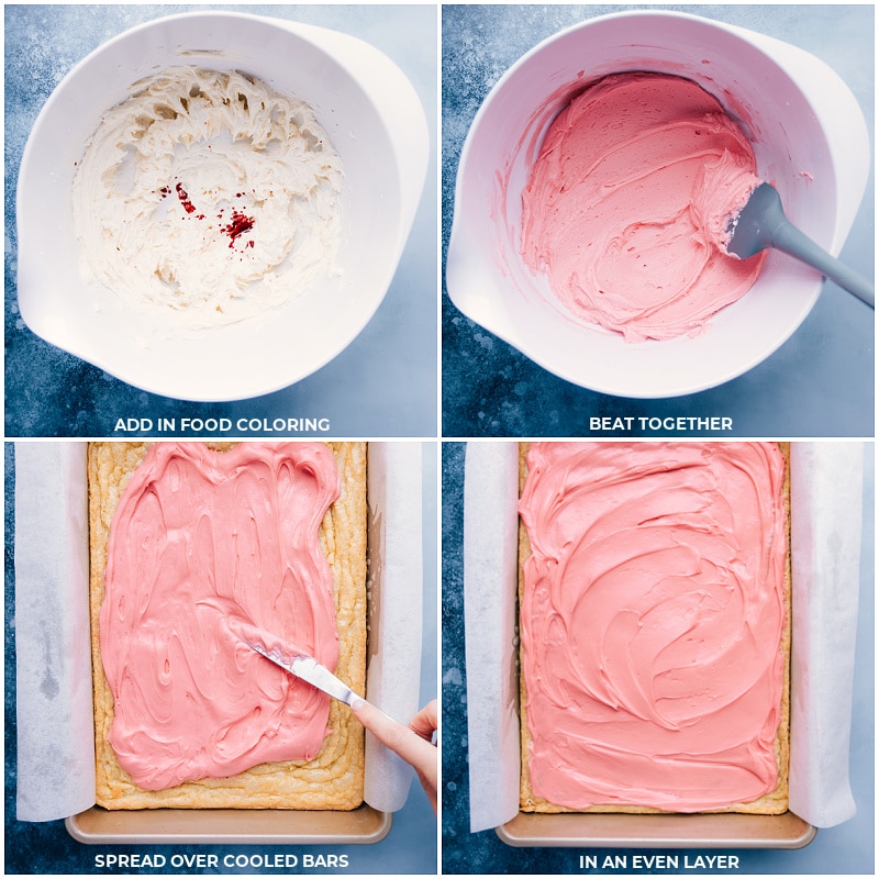 Process shots-- images of the buttercream frosting being spread over the sugar cookie bars
