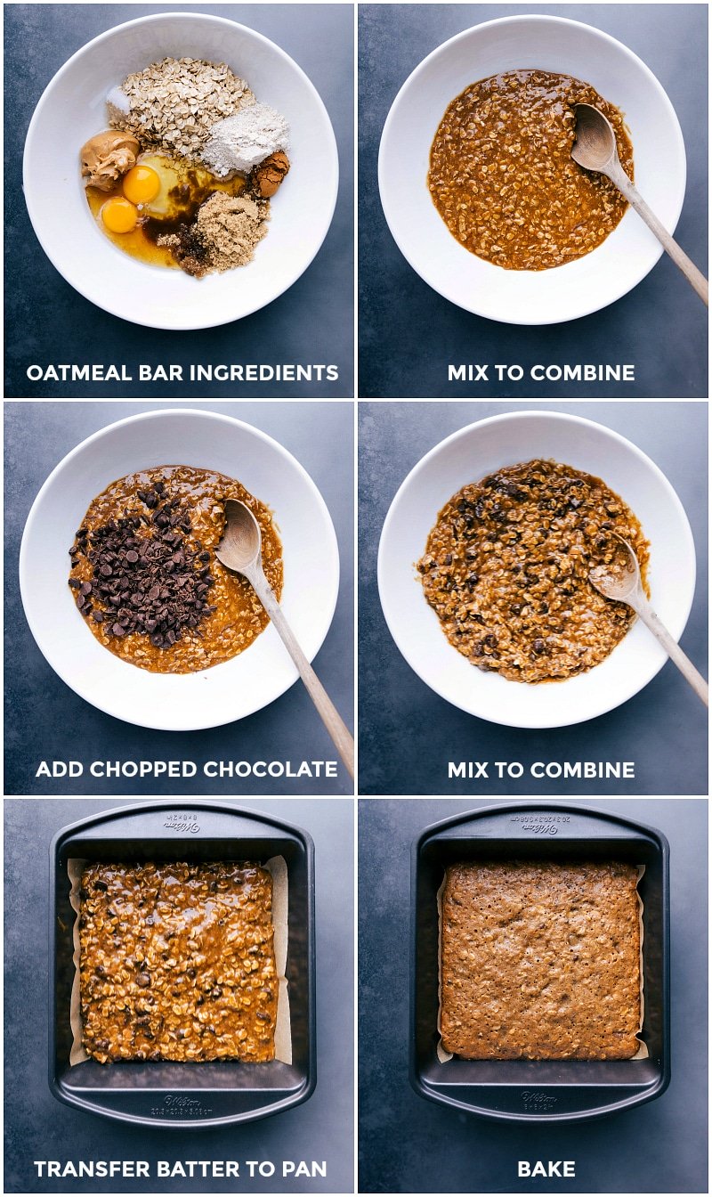 Process shots-- images of all the ingredients going in a bowl; being mixed together; and being transferred to a pan to bake.