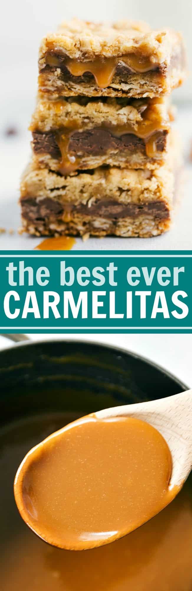 The BEST EVER Carmelitas -- oatmeal bars with a thick layer of milk chocolate and creamy caramel. These bars can be prepared in 20 minutes or less!! via chelseasmessyapron.com #carmelita #carmelitas #dessert #baking #holiday #bar #easy #quick