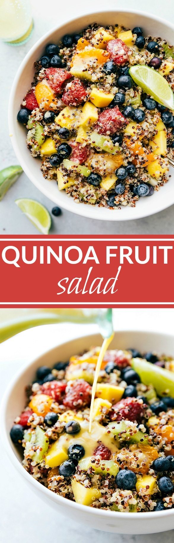 FRUIT QUINOA SALAD! A tri-colored quinoa salad packed with tropical fruits and dressed in a tangy citrus dressing. This salad is vibrant, healthy, and delicious! I Recipe from chelseasmessyapron.com