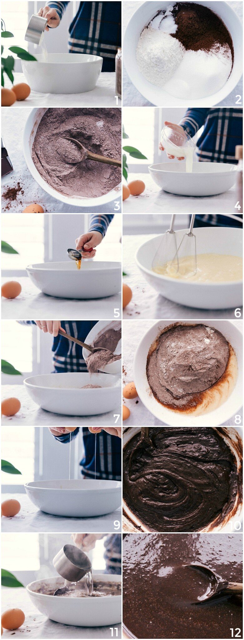 Process shots showing the dry and wet ingredients being measured and then mixed together.