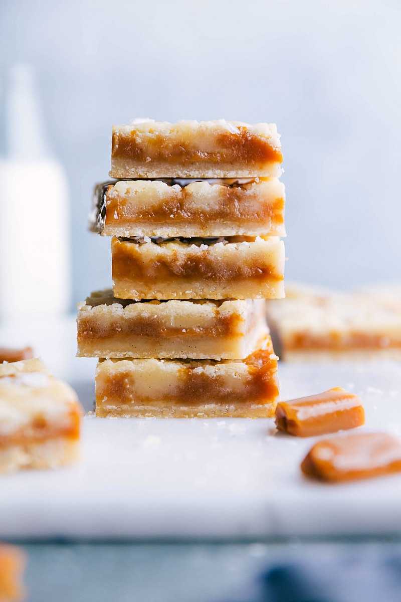 Stack of Caramel Cookie Bars.