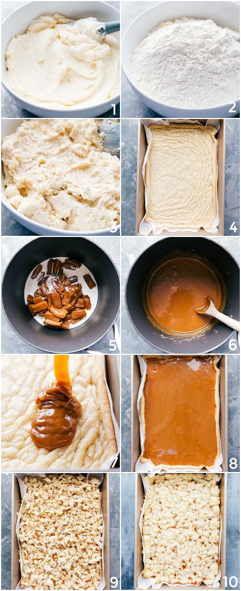 Making the delicious salted caramel cookie bars from start to finish, including preparing dough, layering with caramel, baking, and slicing into bars.