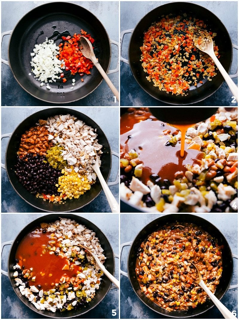 Ingredients being combined and stirred in a bowl to create the filling for the chicken enchilada casserole recipe.