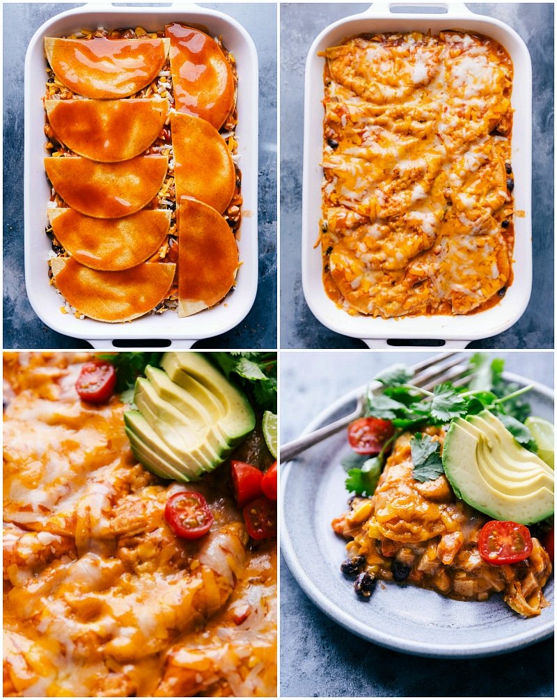Overhead images of Chicken Enchilada Casserole being baked; then toppings added; and a piece being cut out and put on a plate to be eaten.