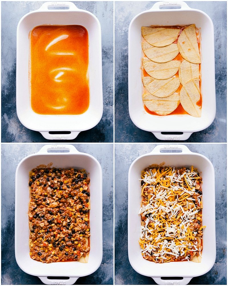 Layers of sauce, tortillas, and savory chicken filling being assembled in the making of the chicken enchiladas casserole.