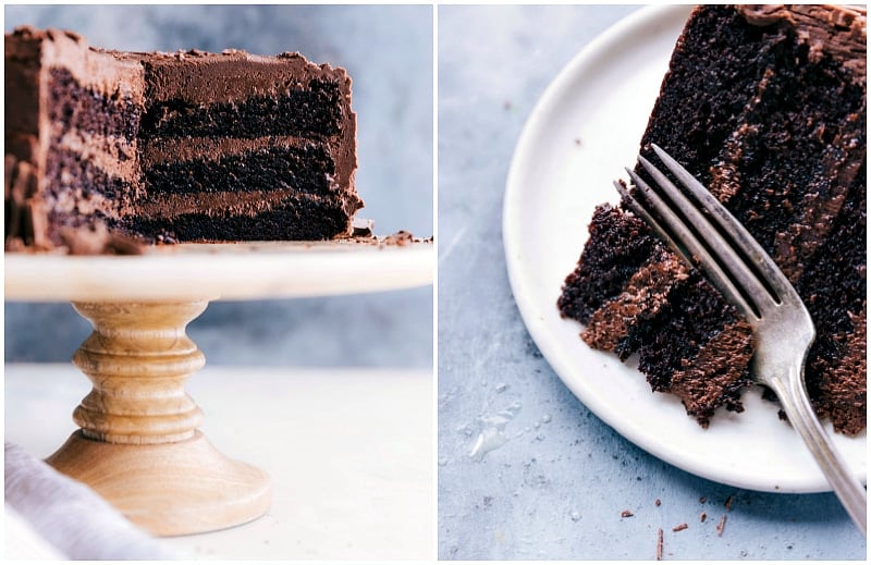 Delicious and fluffy chocolate cake slice with a bite taken out.