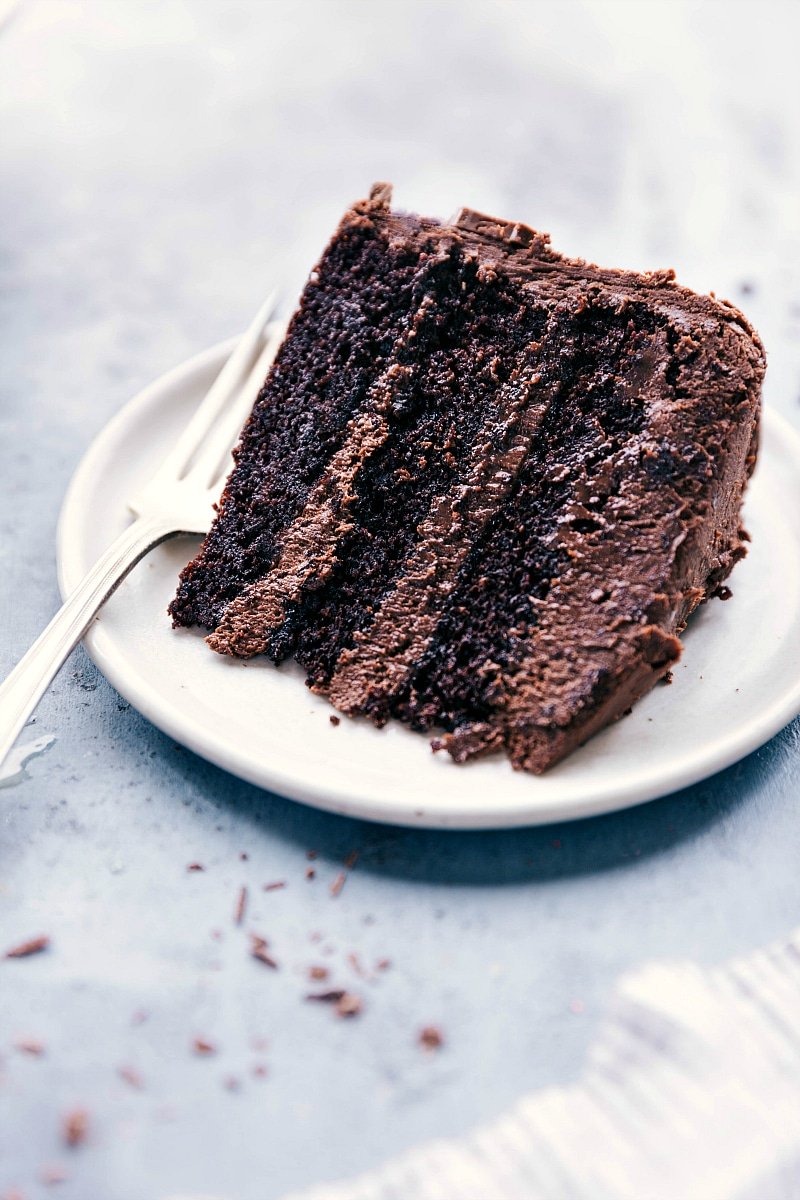 Image of the slice of Chocolate Cake on a plate with a fork, ready to be eaten.