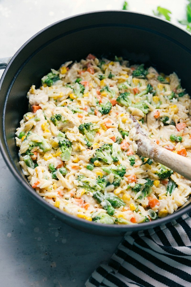 Overhead photo of finished Creamy Orzo with a spoon in the pot.