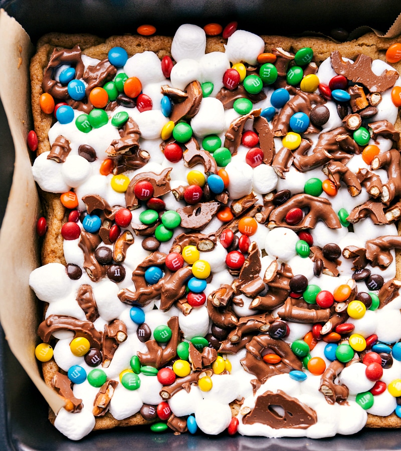 Overhead image of Funfetti Bars in the pan fresh out of the oven.