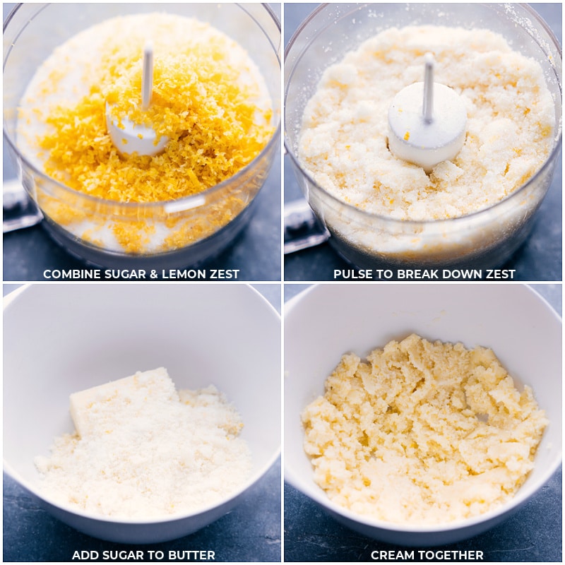 Process shots-- images of the sugar and lemon zest being pulsed together and then sugar and butter being creamed together
