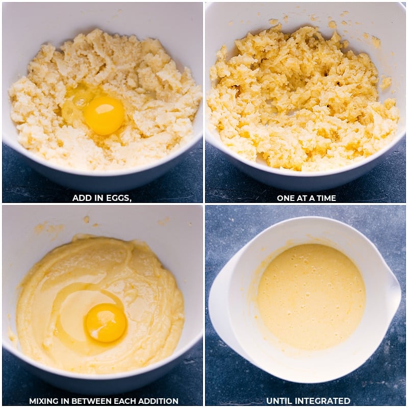 Process shots of Lemon Curd-- images of the eggs being added and mixed into the batter.