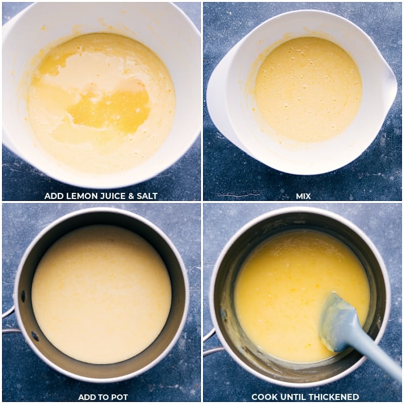 Process shots-- images of the juice and salt being added to the pot and it all being mixed and thickened