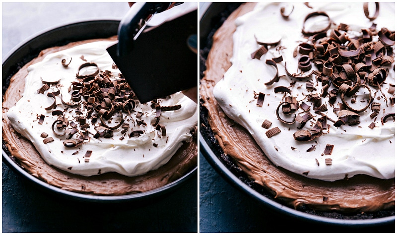 Images of a chocolate bar being shaved on top of the pie.